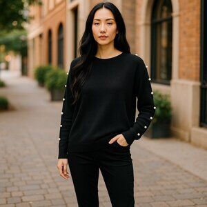 SIGNATURE COLLECTION Black Pearl Trim Knit Top Ladies Large Size 12 14